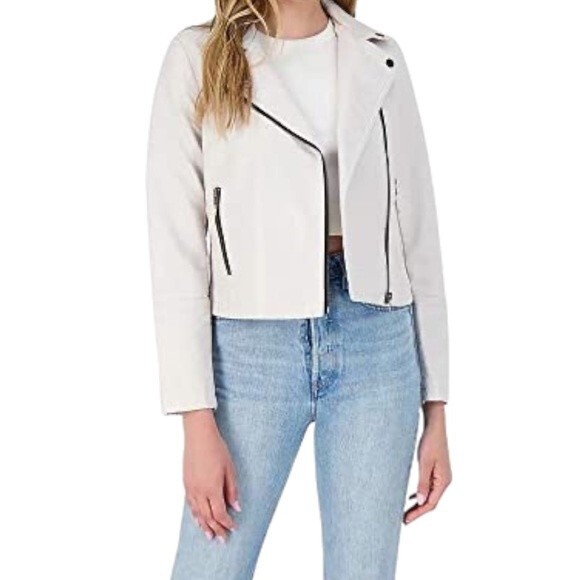 BB Dakota Off White Vegan Leather Moto Biker Jacket Contrast Zippers Size Medium - Picture 1 of 13